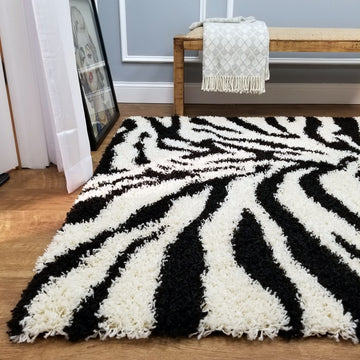 Cozy Optimum Quality 1.6 inch thick Zebra Black Off-White Shag Area Rug
