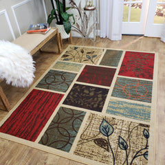Belgio Rubber Backed Non Slip Rugs and Runners Boxes Floral Beige Red