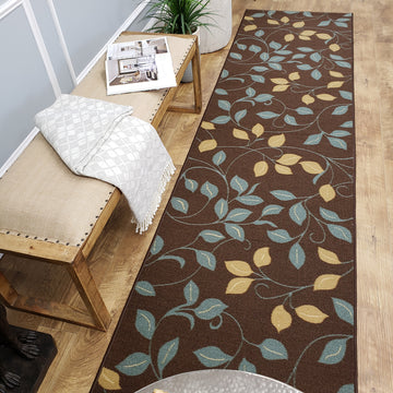 Belgio Rubber Backed Non Slip Rugs and Runners Brown Leaves