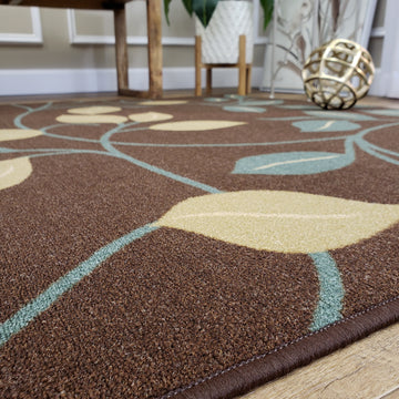 Belgio Rubber Backed Non Slip Rugs and Runners Brown Leaves