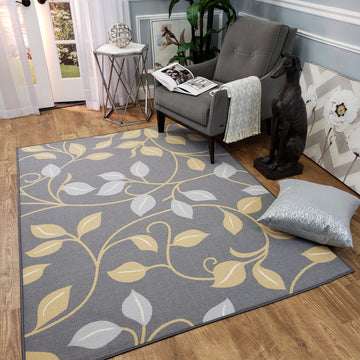 Belgio Rubber Backed Non Slip Rugs and Runners Gray Leaves