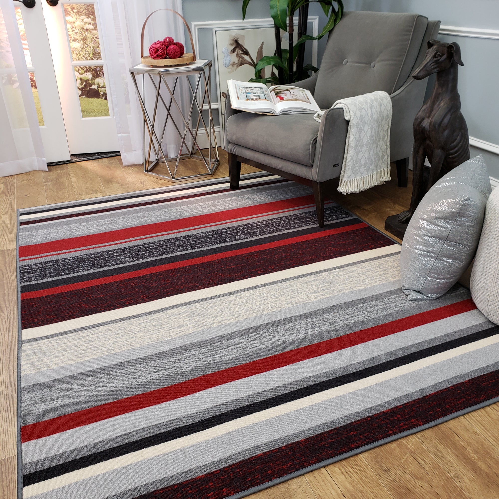 Belgio Rubber Backed Non Slip Rugs and Runners Red Gray Striped – hapsho