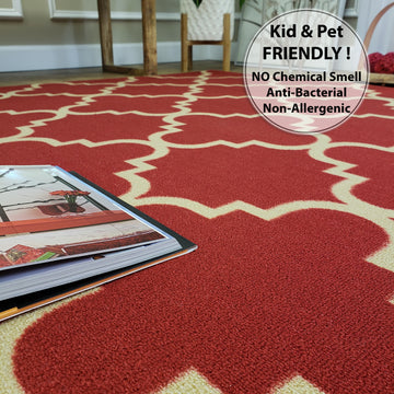 Belgio Rubber Backed Non Slip Rugs and Runners Red Trellis